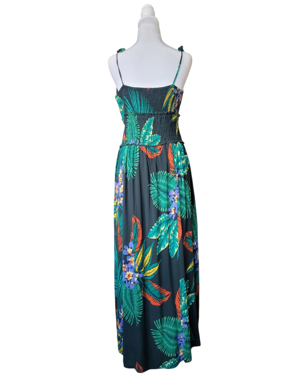 Patrons of Peace Tropical Floral Maxi Dress Smocked Waist Slit Skirt Green M - Picture 5 of 13